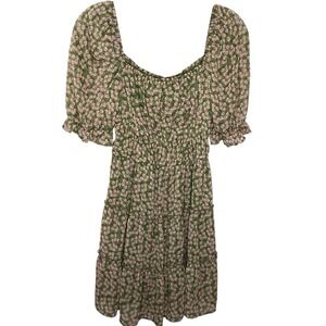 Milkmaid Dress Size S Green Pink Floral Babydoll Y2K Tiered Ruffles Smocking EUC